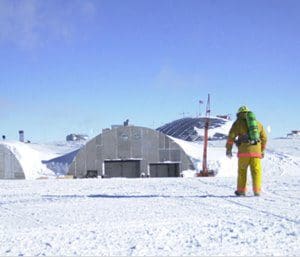 Lt. John Piper walks across McMurdo Station in Antarctica, where he serves as a firefighter.