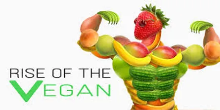 A figure made of fruits flexes next to the words, "Rise of the vegan."