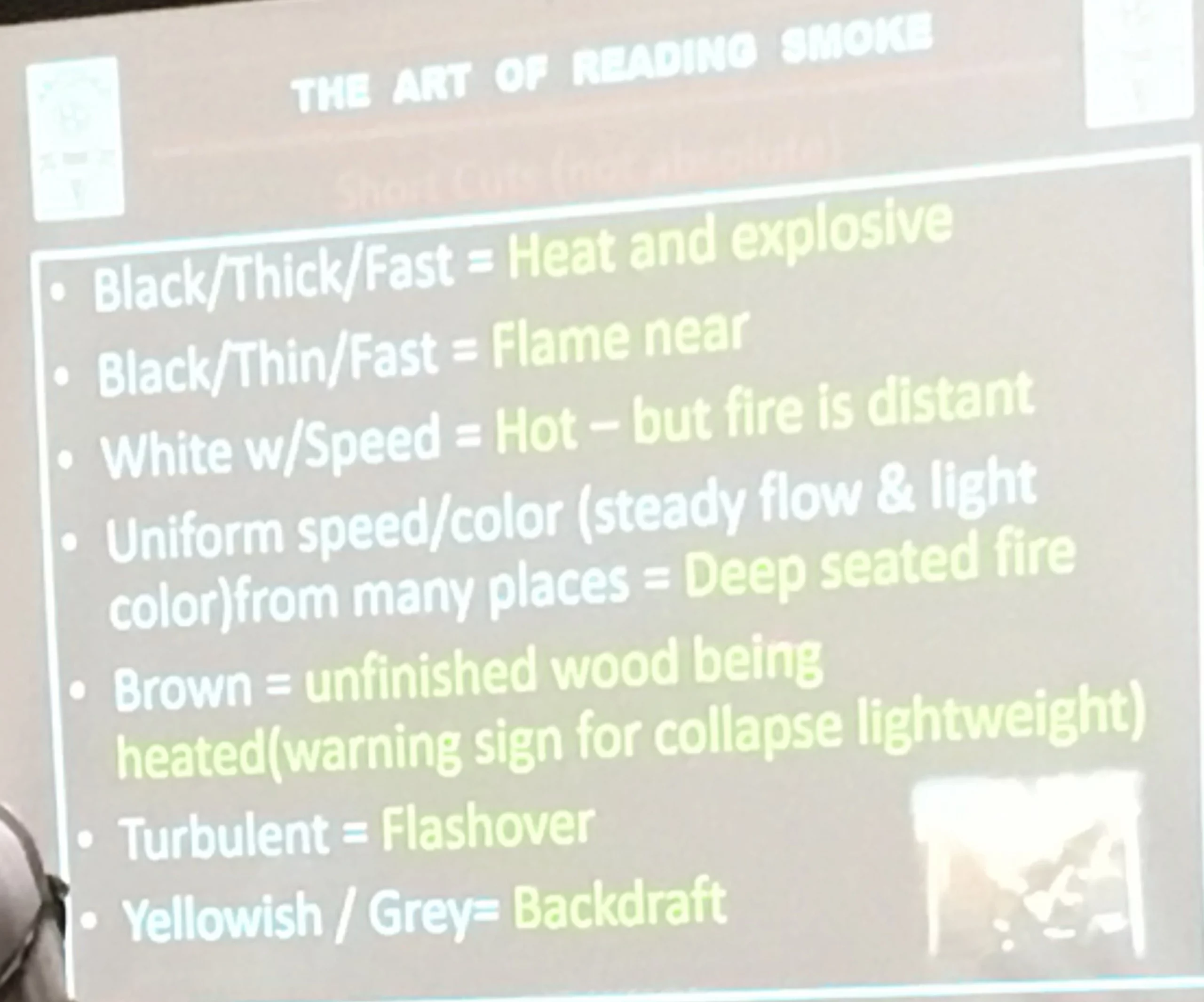 Notes about how to read smoke from a class at the Smoky Mountain Fire/Rescue Expo
