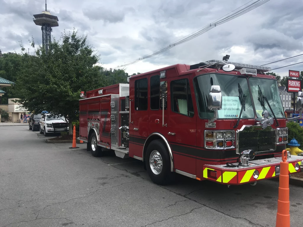 A firetruck is parked outside of the Smoky Mountain Fire/Rescue Expo.