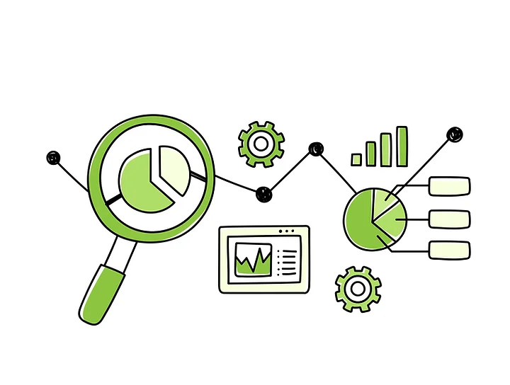 A green magnifying glass leads into a trail of other graph and gear icons.