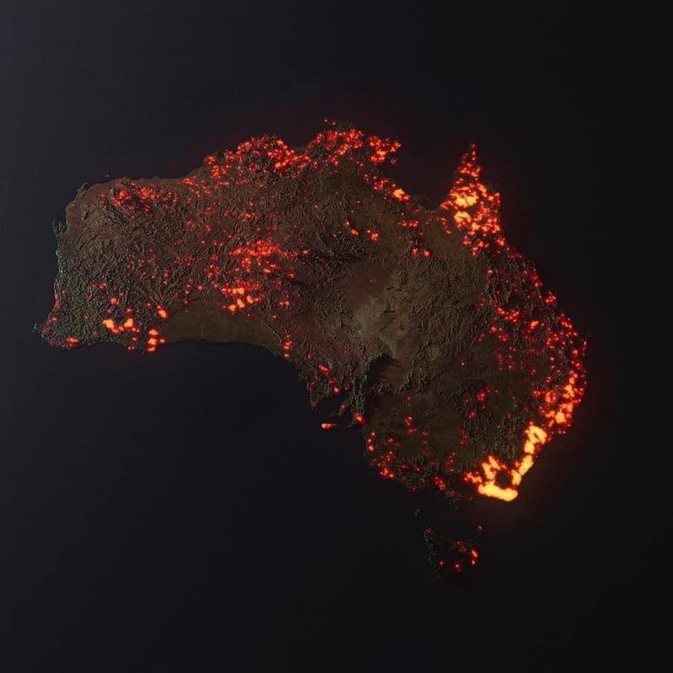 A view of Australia from space shows all of the active wildfires.