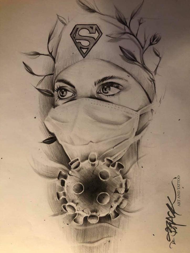 An artist's rendering of a female healthcare worker, complete with the COVID virus beneath her and a Superman emblem on her forehead