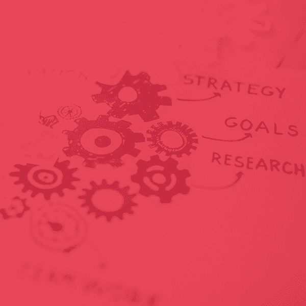 Illustrated gears are labeled as "strategy," "goals," and "research."