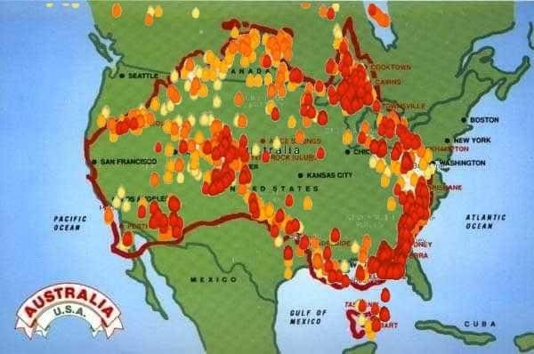 A map of Australia is superimposed over a map of the United States. The Australian map depicts how many active wildfires there are.